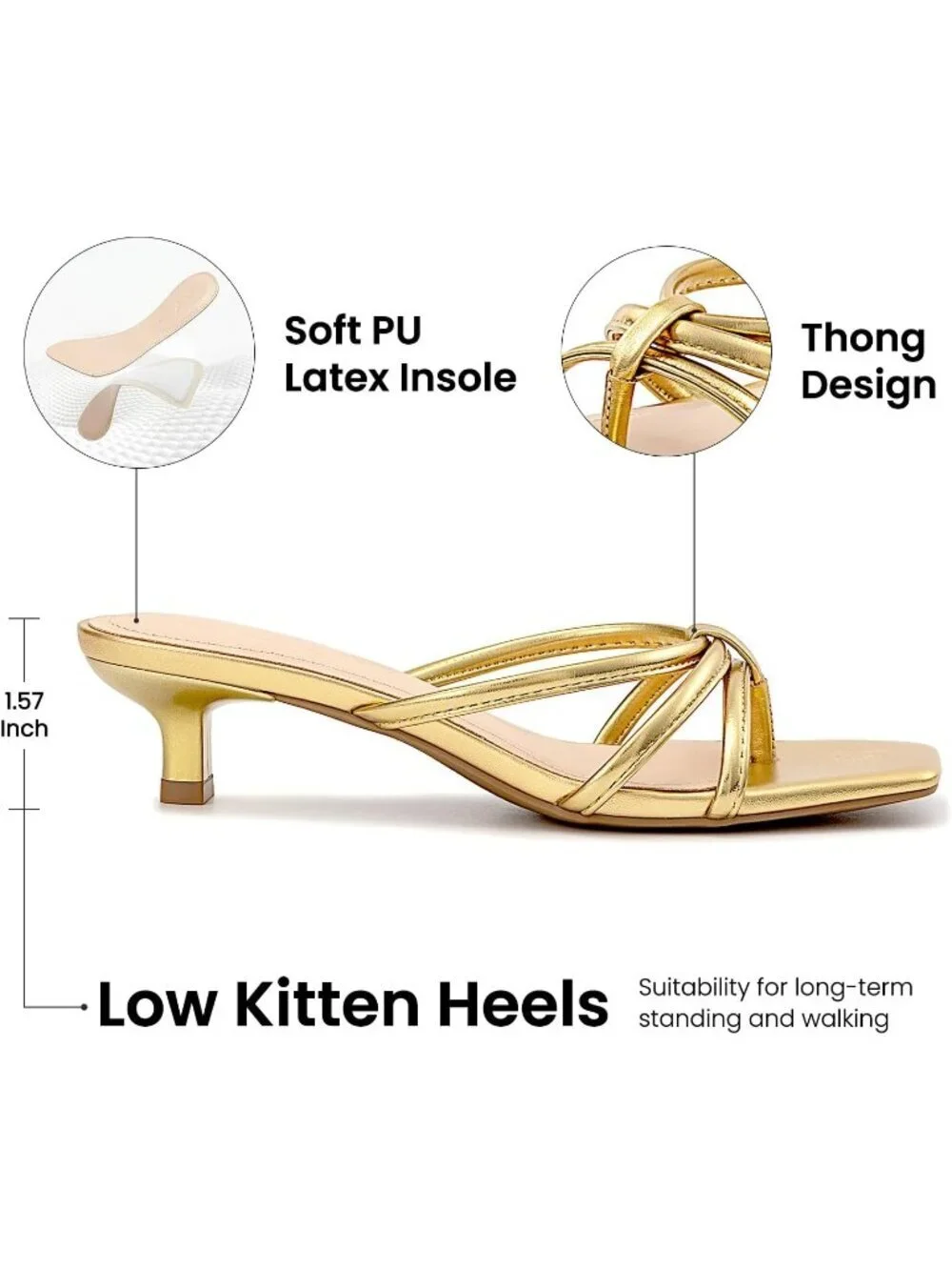 Athlefit Women's Gold Polyurethane Kitten Square Toe Strappy Flip Flop Low Heel